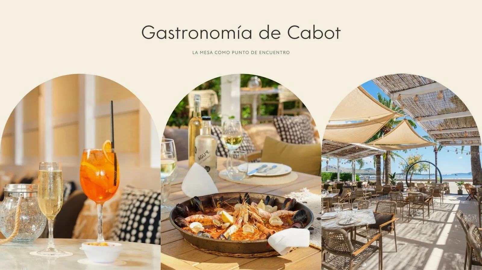 Top slider de la página de gastronomía de Cabot Hotels: título «Gastronomía de Cabot» y tres fotografías de restaurantes recortadas en forma de arco