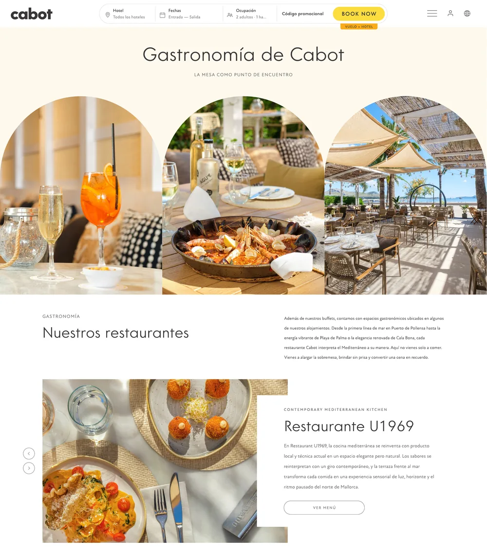Nueva página de gastronomía, parte superior: top slider «Gastronomía de Cabot» con fotografías en arco, introducción «Nuestros restaurantes» y bloque del restaurante U1969