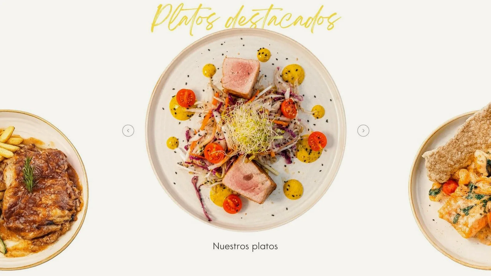 Slider de platos de Cabot Hotels: un plato central destacado bajo el título «Platos destacados» y otros dos parcialmente visibles a los lados