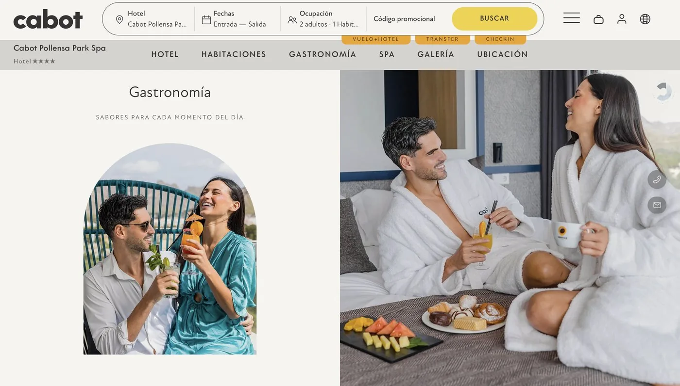 Web actual de Cabot Pollensa Park Spa: cabecera de la página de gastronomía con fotografía en arco