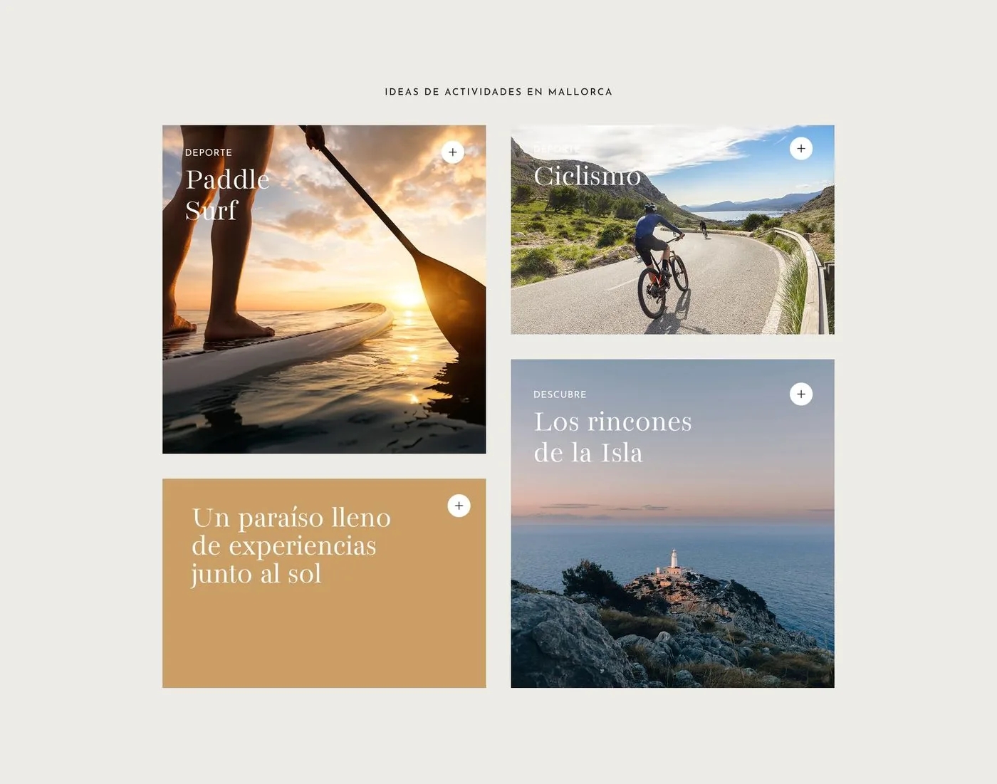 Componente de la web de Magic Hotels: tarjetas de ideas de actividades en Mallorca