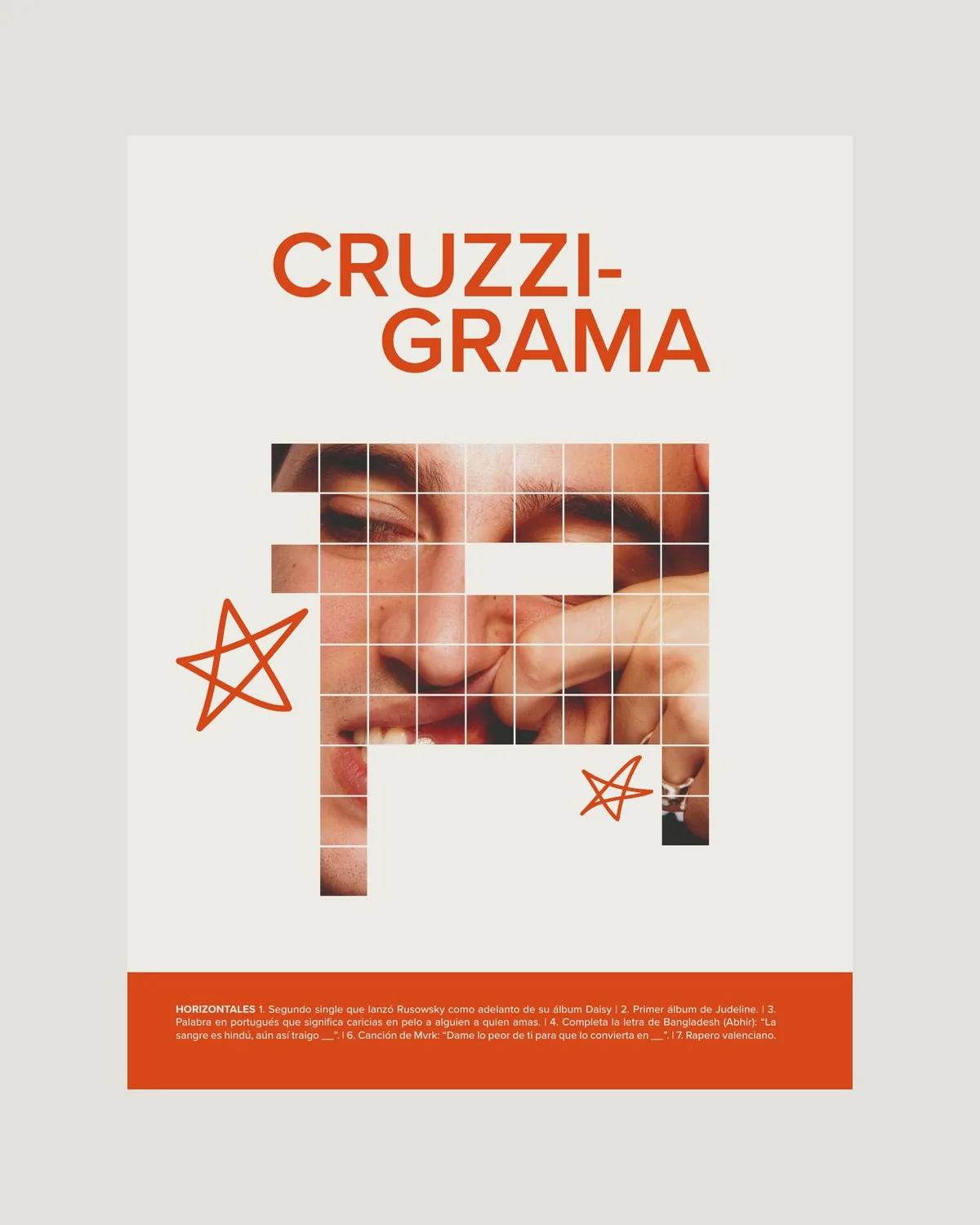 Páginas de una revista de música urbana: crucigrama «Cruzzigrama» con retratos tras una cuadrícula